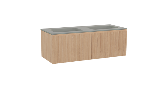 Balmani Fila zwevend badkamermeubel 135 x 55 cm natuur eik met Tablo Strada dubbele wastafel in composietmarmer zijdegrijs, Verticale symmetrische rechte ribbel