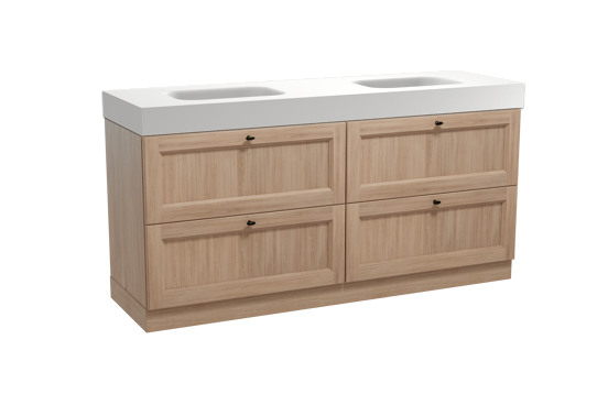 Balmani Lemon freistehendes Möbelstück Set: 180 x 55 cm, Verwitterte Eiche, mit Arcato Doppelwaschtisch, Solid Surface Weiß matt