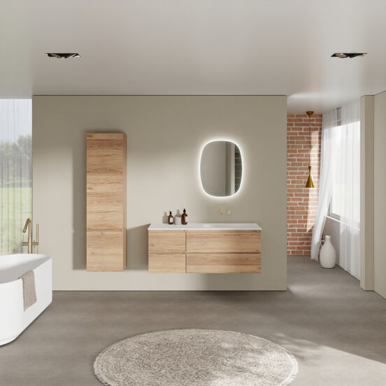 Balmani Lucida zwevend badkamermeubel 135 x 55 cm teak met Tablo Arcato asymmetrisch rechtse wastafel in solid surface mat wit