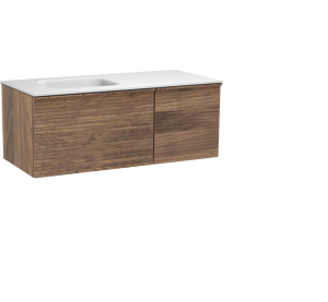 Balmani Forma zwevend badkamermeubel 120 x 55 cm amerikaanse notelaar met Tablo Arcato asymmetrisch linkse wastafel in solid surface mat wit, Horizontale symmetrische rechte ribbel