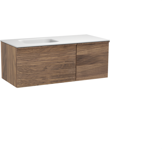 Balmani Forma meuble salle de bains suspendu 120 x 55 cm noyer américain avec Tablo Arcato plan vasque asymétrique à gauche en solid surface blanc mat, Nervure droite symétrique horizontale