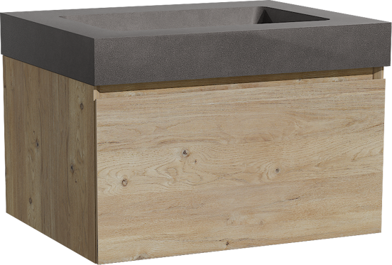 Storke Edge zwevend badkamermeubel 65 x 52 cm ruwe eik met Scuro High enkele wastafel in kwarts mat zwart