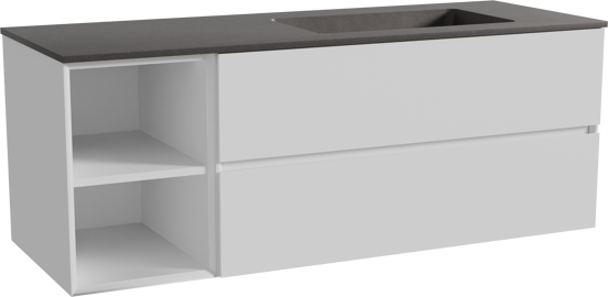 Storke Edge meuble salle de bains suspendu 140 x 52 cm blanc mat avec Scuro plan vasque asymétrique à droite en quartz noir mat