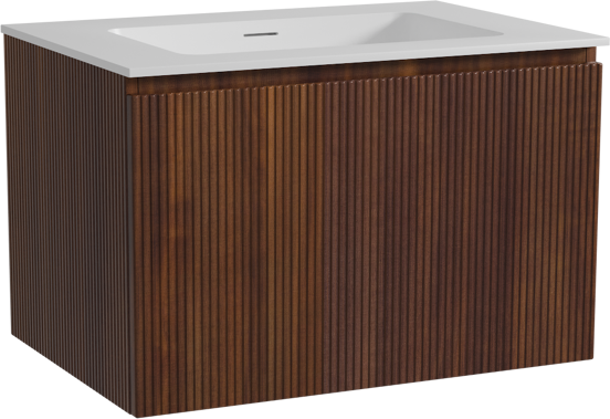 Storke Ribs hängendes Möbelstück Set: 75 x 52 cm, Nussbaum, mit Mata Einzelwaschtisch, Solid Surface, Weiß matt, Vertikale symmetrische gerade Rippe