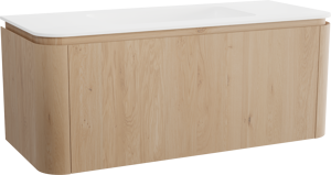 Balmani Moon zwevend badmeubel 130 x 55 cm naturel eiken met Moon enkele wastafel in solid surface mat wit