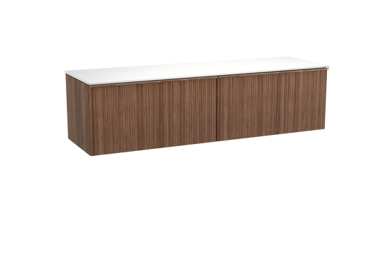 Balmani Forma hängendes Möbelstück Set: 180 x 55 cm, Amerikanischer Nussbaum, mit Stretto Einzel- oder Doppel Waschtischplatte, Solid Surface, Weiß matt, Vertikale asymmetrische Runde Rippe