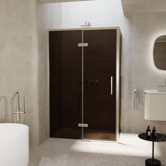 Balmani Senses Design douchehoek met linkse draaideur en vaste zijwand, 120 x 100 cm, Brons, Brushed CoolMetal profielen, met coating