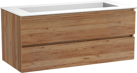 Balmani Lucida meuble salle de bains suspendu 120 x 55 cm teck avec Tablo Stretto plan simple pour 2 trous de robinet en solid surface blanc mat