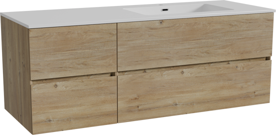 Storke Edge meuble salle de bains suspendu 140 x 52 cm chêne brut avec Diva plan vasque asymétrique à droite en marbre composite blanc brillant