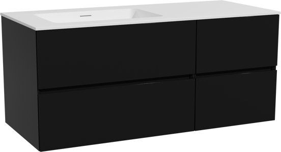 Storke Edge meuble salle de bains suspendu 120 x 52 cm noir mat avec Mata plan vasque asymétrique à gauche en solid surface blanc mat