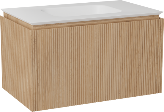 Balmani Eclips zwevend badkamermeubel 90 x 55 cm Natuur eik met Eclips enkele wastafel in Solid Surface mat wit, Verticale symmetrische rechte ribbel