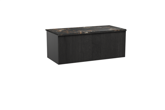 Balmani Forma hängendes Möbelstück Set: 120 x 55 cm, Schwarze Eiche, mit Stretto Einzel Waschtischplatte, Marmor, Portoro Gold, Vertikale symmetrische gerade Rippe