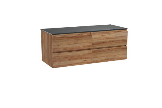 Balmani Lucida hängendes Möbelstück Set: 135 x 55 cm, Teak, mit Stretto Einzel- oder Doppel Waschtischplatte, Schwarzes Granit