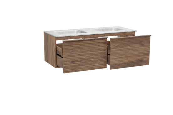 Balmani Forma zwevend badkamermeubel 135 x 55 cm amerikaanse notelaar met Tablo Arcato dubbele wastafel in marmer carrara, Horizontale symmetrische rechte ribbel