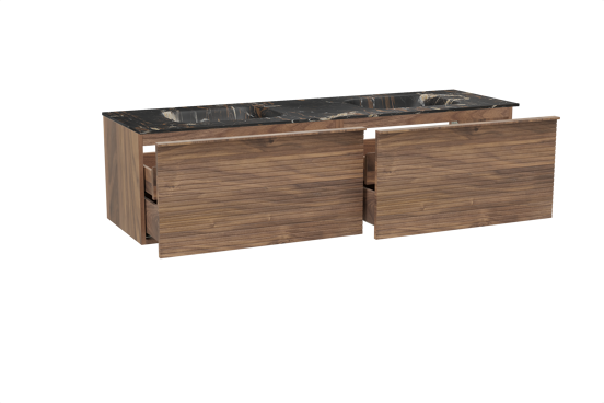 Balmani Forma meuble salle de bains suspendu 180 x 55 cm noyer américain avec Tablo Arcato double vasque en marbre portoro gold, Nervure droite symétrique horizontale