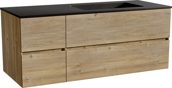 Storke Edge zwevend badmeubel 130 x 52 cm ruw eiken met Scuro asymmetrisch rechtse wastafel in kwarts mat zwart