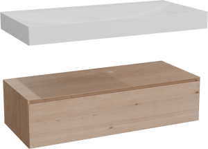Balmani Mitra Elements meuble salle de bains suspendu 120 x 55 cm chêne naturel avec Modus lavabo simple pour 2 trous de robinet en solid surface blanc mat