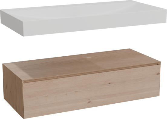 Balmani Mitra Elements meuble salle de bains suspendu 120 x 55 cm chêne naturel avec Modus lavabo simple pour 2 trous de robinet en solid surface blanc mat