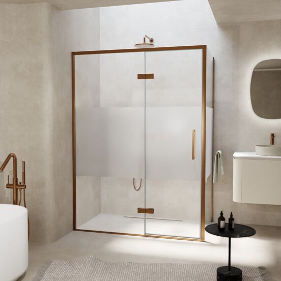 Balmani Senses Design douche en coin avec porte pivotante à gauche et paroi latérale fixe, 140 x 100 cm, Verre transparent avec bande matte, Profil Brushed Rosegold, coating inclus