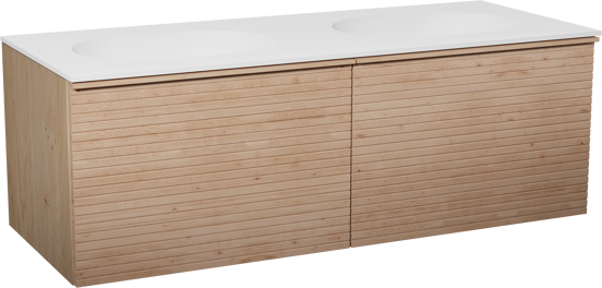 Balmani Forma meuble salle de bains suspendu 135 x 55 cm chêne naturel avec Tablo Oval double vasque en solid surface blanc mat, Nervure droite symétrique horizontale