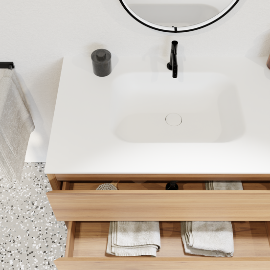 Balmani Mitra meuble salle de bains suspendu 75 x 55 cm teck avec Tablo Arcato plan simple en solid surface blanc mat
