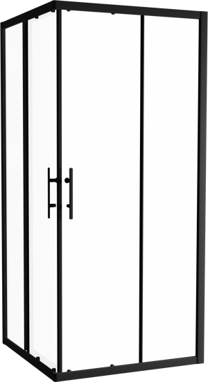 Linie Cadiz paroi d'angle avec entrée d'angle avec 2 portes coulissantes 90 x 90 cm Verre transparent profil noir mat