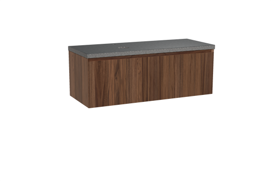 Balmani Idra hängendes Möbelstück Set: 135 x 55 cm, Nussbaum, mit Rock Waschtisch rechts, Schwarzes Granit