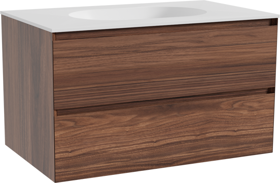 Balmani Mitra hängendes Möbelstück Set: 90 x 55 cm, Nussbaum, mit Tablo Oval Einzelwaschtisch, Solid Surface Weiß matt