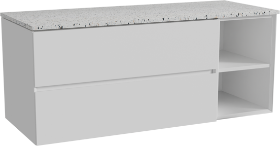 Storke Edge meuble salle de bains suspendu 130 x 52 cm blanc mat avec Tavola tablette simple ou double en blanc/noir mat terrazzo