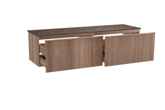 Balmani Forma hängendes Möbelstück Set: 180 x 55 cm, Teak, mit Stretto Einzel- oder Doppel Waschtischplatte, Marmor, Dark Emperador, Vertikale symmetrische gerade Rippe