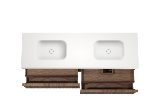 Balmani Forma meuble salle de bains suspendu 180 x 55 cm noyer américain avec Arcato double vasque en solid surface blanc mat, Nervure droite symétrique verticale