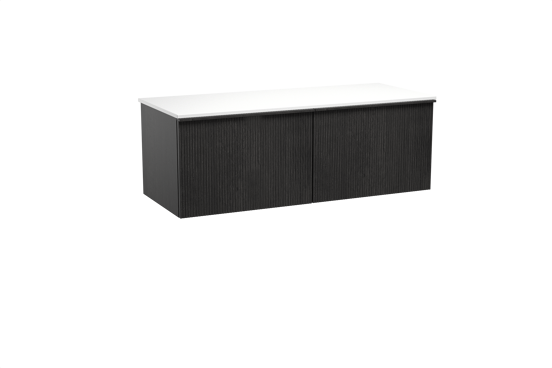 Balmani Forma hängendes Möbelstück Set: 135 x 55 cm, Schwarze Eiche, mit Stretto Einzel- oder Doppel Waschtischplatte, Solid Surface, Weiß matt, Vertikale symmetrische gerade Rippe