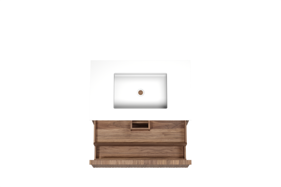 Balmani Forma zwevend badkamermeubel 90 x 55 cm amerikaanse notelaar met Tablo Stretto enkele wastafel in solid surface mat wit, Verticale asymmetrische ronde ribbel
