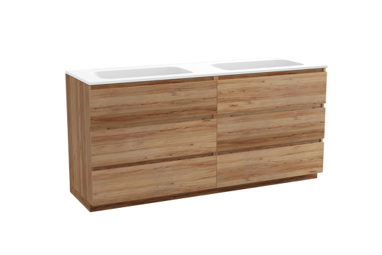 Balmani Lucida staand badkamermeubel 180 x 55 cm teak met Tablo Strada dubbele wastafel in composietmarmer mat wit