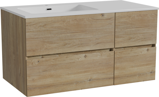 Storke Edge meuble salle de bains suspendu 100 x 52 cm chêne brut avec Diva plan vasque asymétrique à gauche en marbre composite blanc brillant