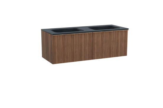 Balmani Forma zwevend badkamermeubel 135 x 55 cm amerikaanse notelaar met Tablo Strada dubbele wastafel in composietmarmer mat zwart, Verticale asymmetrische ronde ribbel