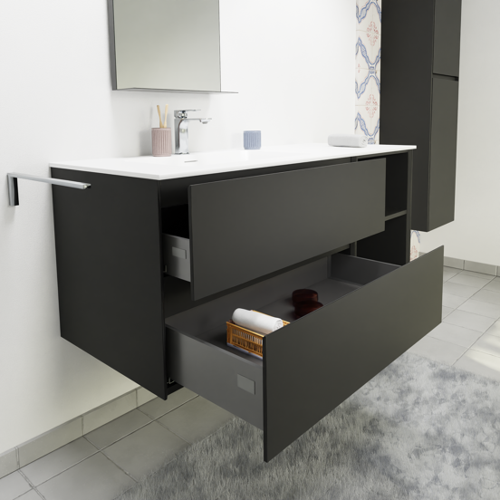 Storke Edge meuble salle de bains suspendu 130 x 52 cm noir mat avec Scuro High plan vasque asymétrique à gauche en quartz noir mat