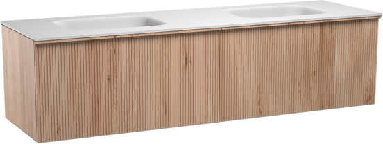 Balmani Forma zwevend badmeubel 180 x 55 cm naturel eiken met Tablo Arcato dubbele wastafel in solid surface mat wit Verticale symmetrische rechte ribbel