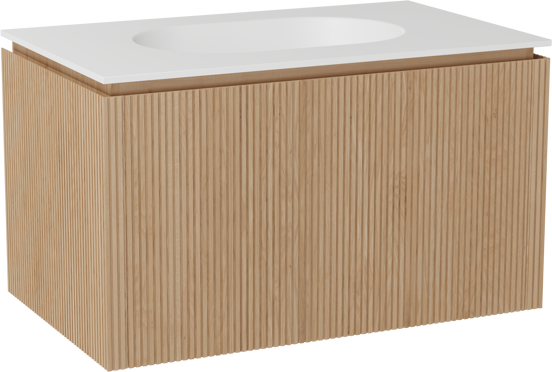Balmani Eclips zwevend badkamermeubel 90 x 55 cm Natuur eik met Tablo Oval enkele wastafel in Solid Surface mat wit, Verticale symmetrische rechte ribbel