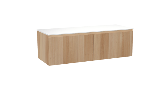 Balmani Idra hängendes Möbelstück Set: 150 x 55 cm, Naturbelassene Eiche, mit Stretto Einzel- oder Doppel Waschtischplatte, Solid Surface Weiß matt