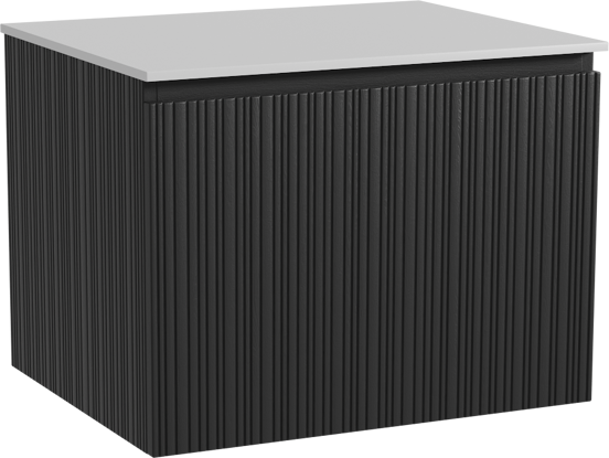 Storke Ribs meuble salle de bains suspendu 65 x 52 cm chêne noir avec Tavola tablette simple en solid surface blanc mat, Nervure droite asymétrique verticale