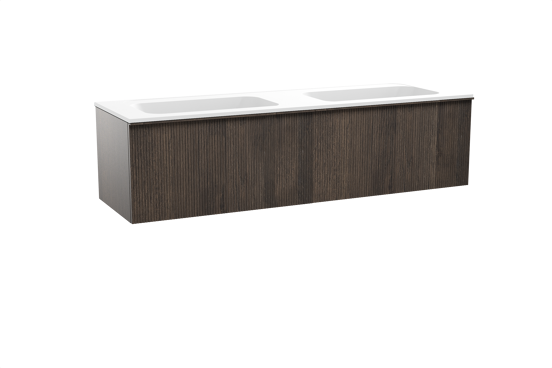 Balmani Forma zwevend badkamermeubel 180 x 55 cm gerookte eik met Tablo Strada dubbele wastafel in composietmarmer mat wit, Verticale symmetrische rechte ribbel