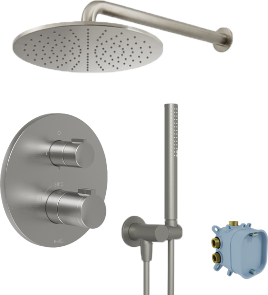 Blaufoss Smartbox Round Duschsystem: Unterputz, inkl. Thermostat-Duscharmatur, Brushed CoolMetal