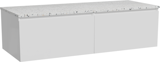 Storke Edge hängendes Möbelstück Set: 130 x 52 cm, Weiß glänzend, mit Tavola Einzel- oder Doppel Waschtischplatte, Terrazzo in Weiß/Schwarz matt