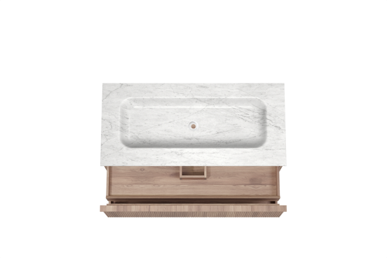 Balmani Forma hängendes Möbelstück Set: 120 x 55 cm, Teak, mit Tablo Arcato Einzelwaschtisch, Marmor, Carrara, Vertikale symmetrische gerade Rippe