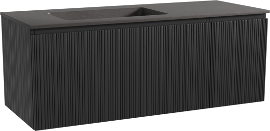 Storke Ribs zwevend badmeubel 130 x 52 cm zwart eiken met Scuro asymmetrisch linkse wastafel in kwarts mat zwart, Verticale asymmetrische rechte ribbel