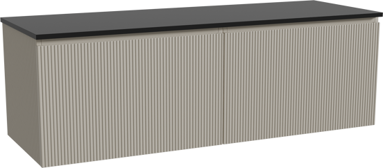 Storke Ribs zwevend badmeubel 150 x 52 cm zijdegrijs met Panton enkel of dubbel wastafelblad in gepoedercoate mdf mat zwart, Verticale symmetrische rechte ribbel