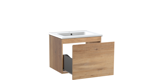 Linie Lado meuble salle de bains suspendu 60 x 46 cm chêne naturel avec Vano plan simple en marbre composite blanc brillant