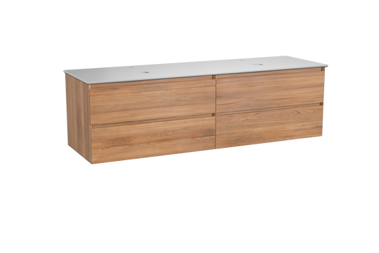 Balmani Mitra hängendes Möbelstück Set: 180 x 55 cm, Teak, mit Facetta Doppel Waschtischplatte, Solid Surface Weiß matt