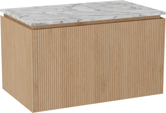 Balmani Eclips zwevend badkamermeubel 90 x 55 cm Natuur eik met Stretto enkel tablet in Carrara marmer, Verticale symmetrische rechte ribbel